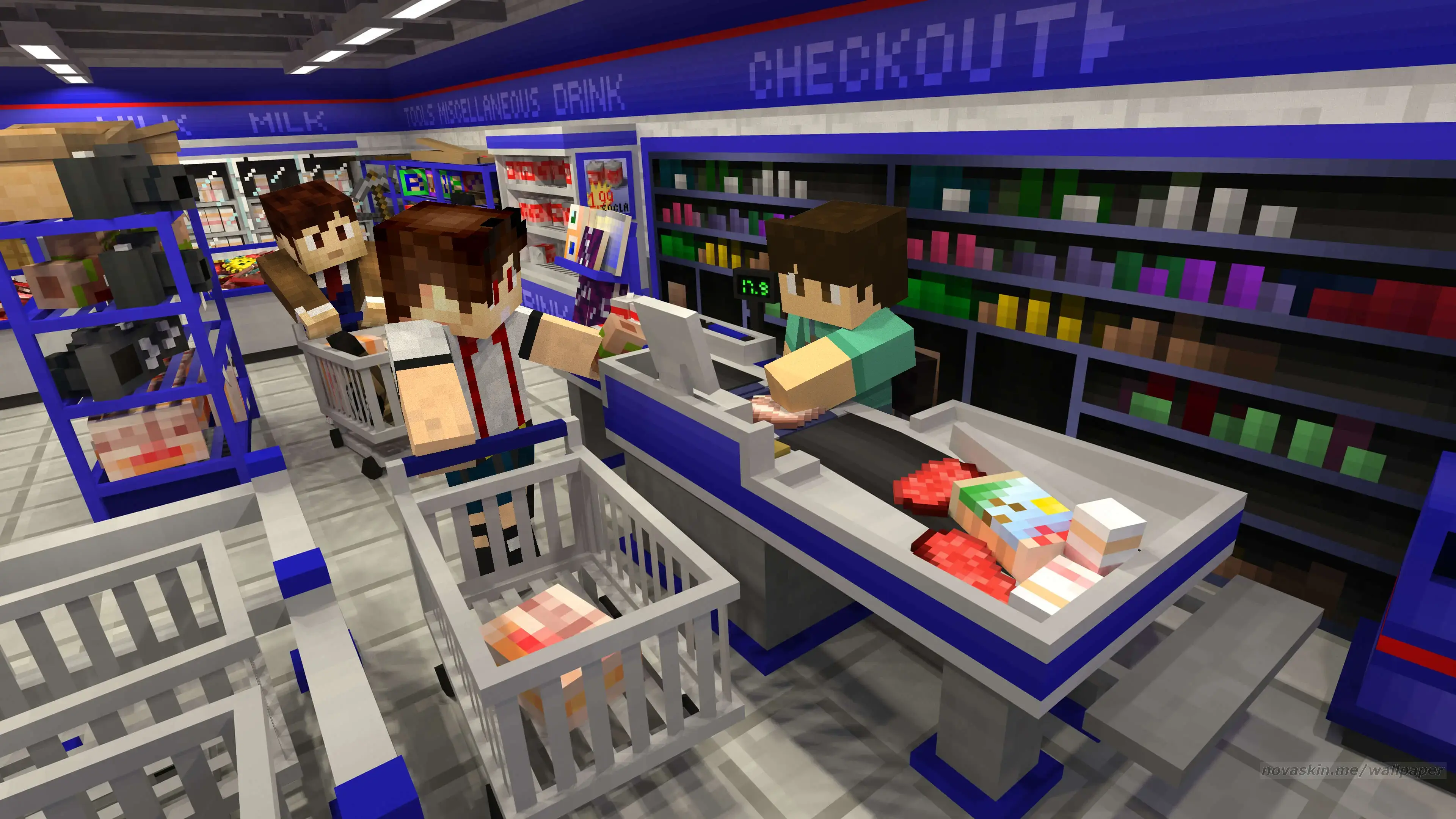 Two players waiting in a Minecraft store checkout line while a third runs the register.