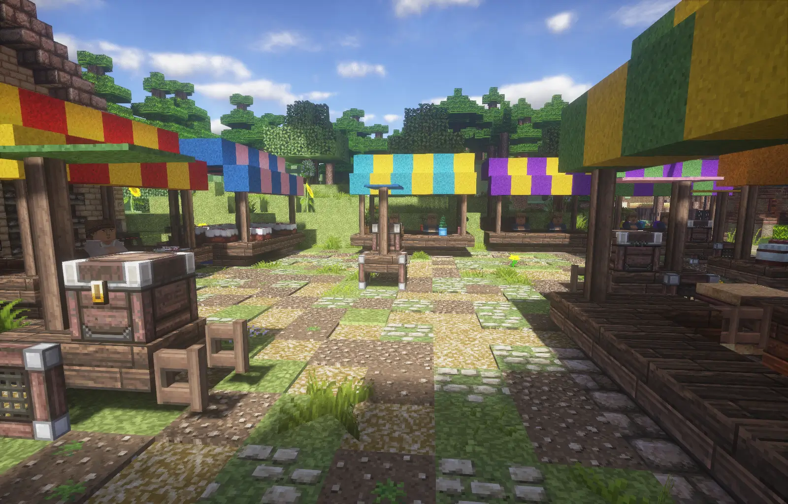 Minecraft build depicting a farmers' market at the busy city center