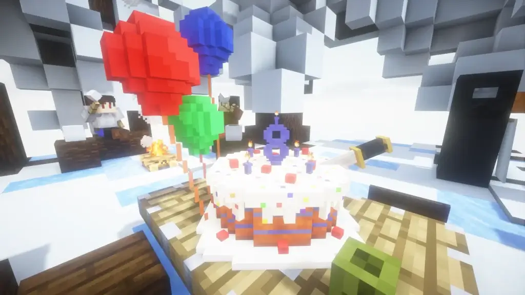 An image of a birthday cake on the longest running adult minecraft server, BadWolfMC!