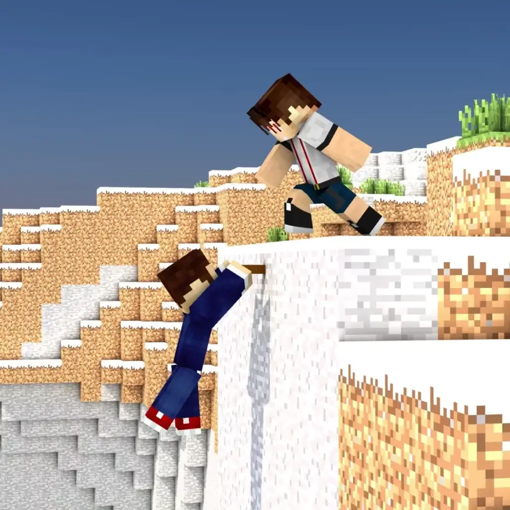 Image of a Minecraft mountain with one character helping another up a steep cliff.