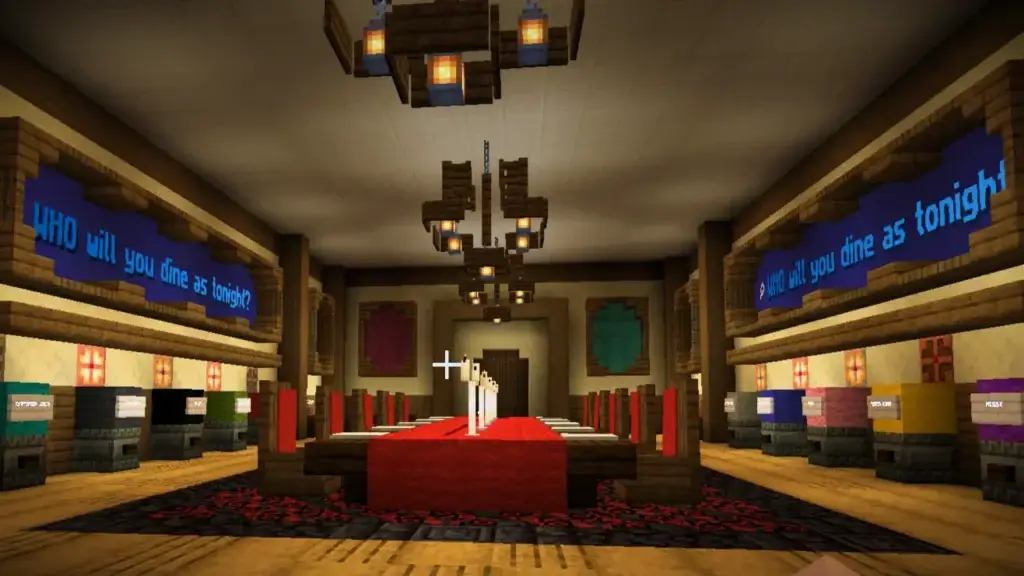 Our Minecraft build of the Doctor Clue lobby where the dinner guests pick their poison.