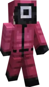 A Minecraft character wearing a skin inspired by a Squid Game guard