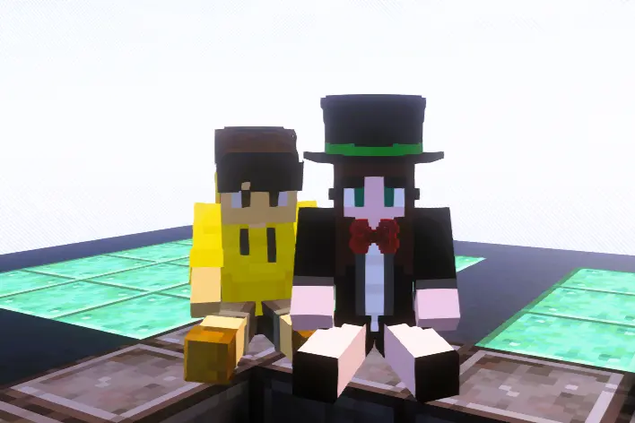 Minecraft characters sitting on a board game
