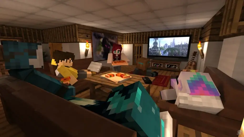 Rendering of BadWolfMC Adult Minecraft Community members having a pizza party