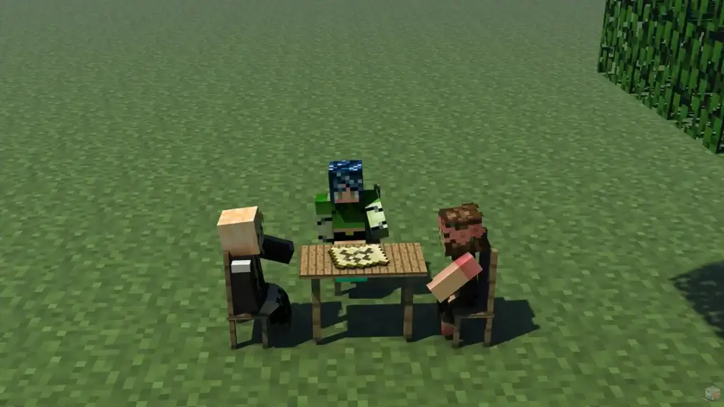 Three Minecraft characters in an empty field looking over plans.