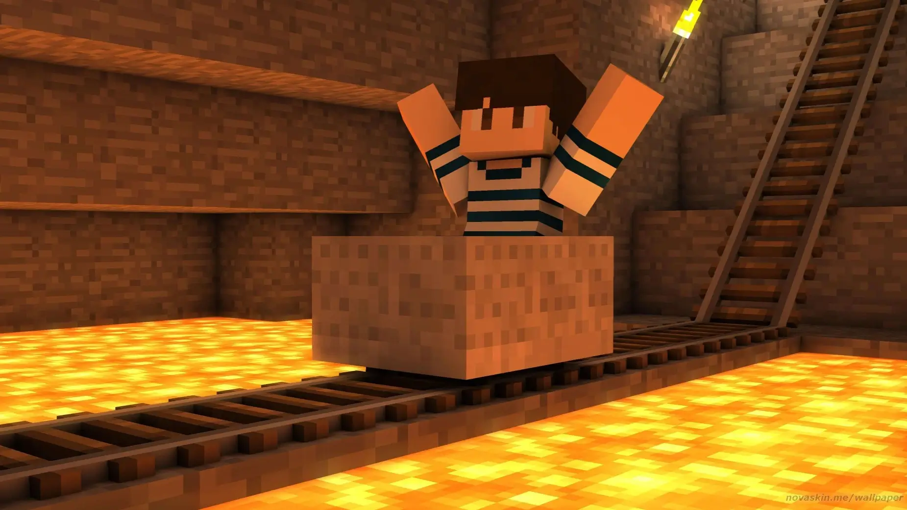 Ca3lan Minecraft character riding through lava mine