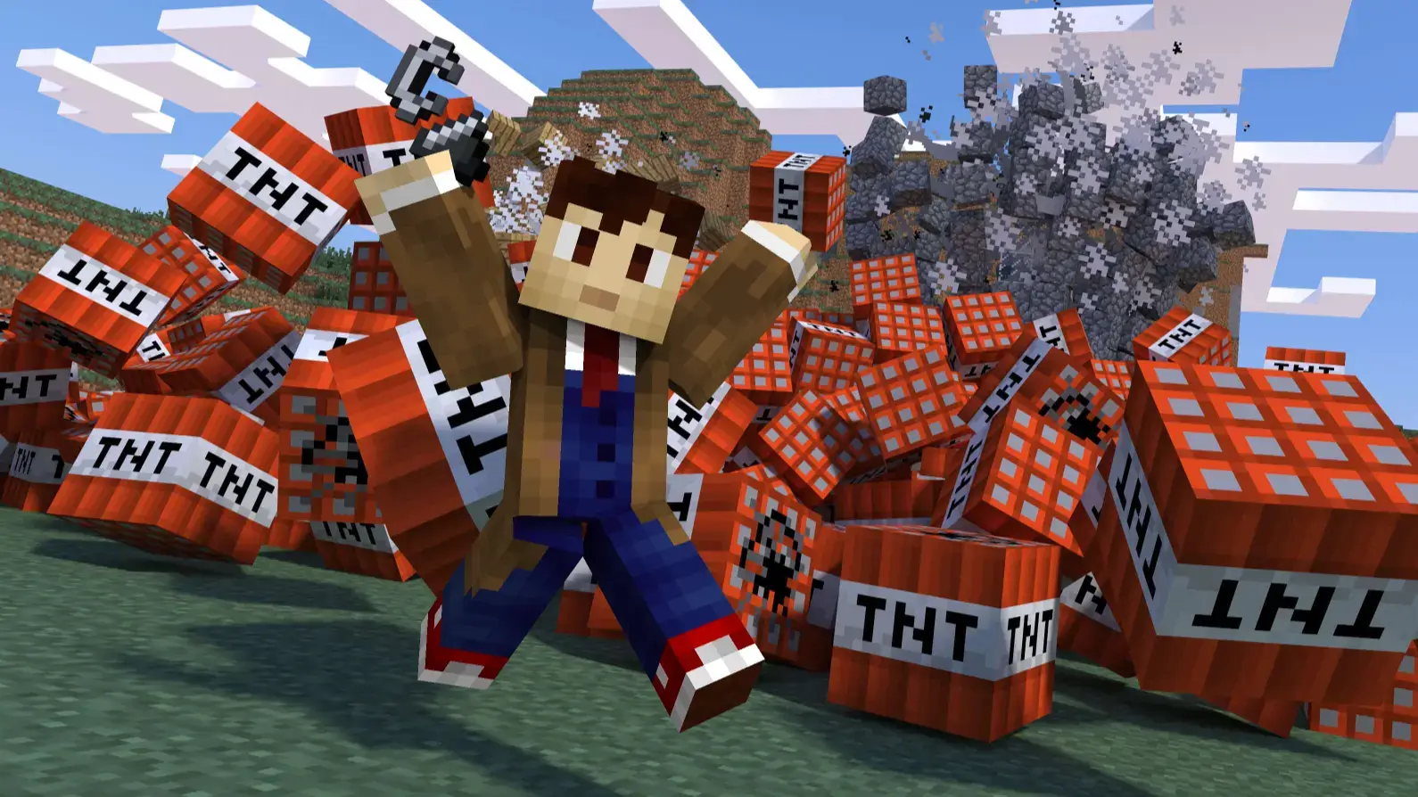 Merc Minecraft character surrounded by TNT