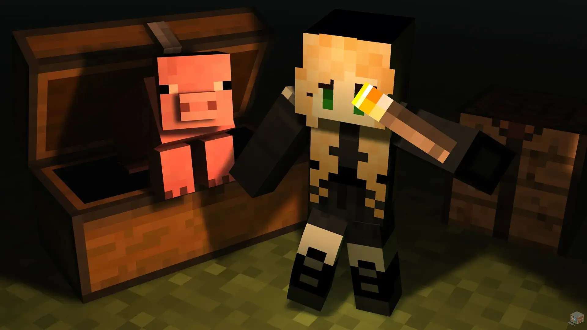 Sarah_Eileen Minecraft character with a pig near a chest